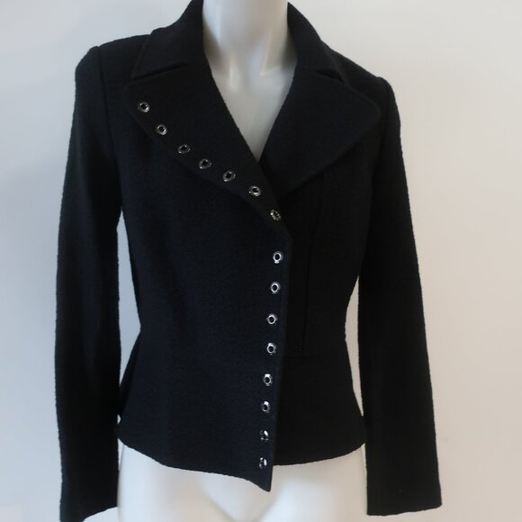 St. John Black Label Black Wool Blend Flounce Hem Grommet Boucle Blazer Jacket 4 - Picture 7 of 14